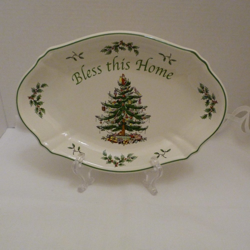 Spode Christmas Tree Bless This Home Oval 11 Inch Serving Tray Like New in Box